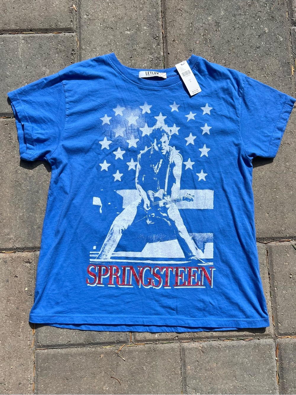 NWT Anthropologie LETLUV Bruce Springsteen Graphic Tee Size Small USA Blue